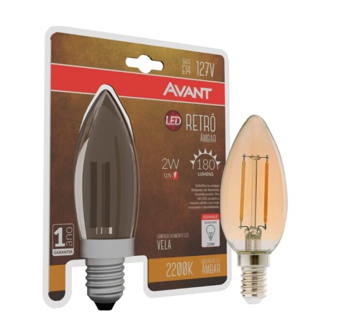 LAMPADA LED RETRO VELA CHAMA E14 AMBAR 2200K 2W 127V AVANT